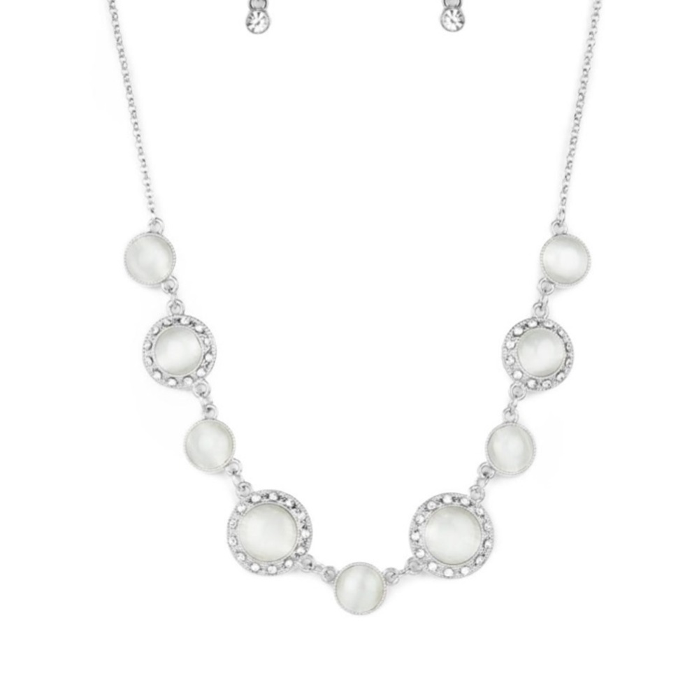 Silver and White Necklace with Pearlescent and Pavé Accents